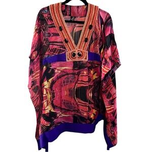 Zeugari Silk Tunic Beaded V Neck Semi Sheer Tie at Empire Waist * Runs Small *